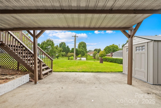 view of patio / terrace featuring a shed