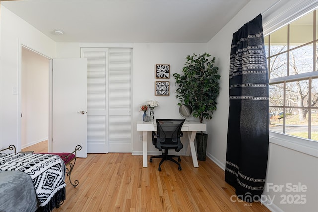 bedroom with light hardwood / wood-style floors and a closet