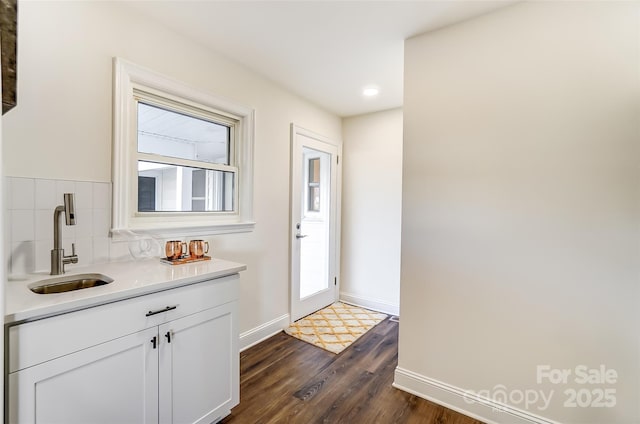 doorway to outside with dark hardwood / wood-style floors and sink