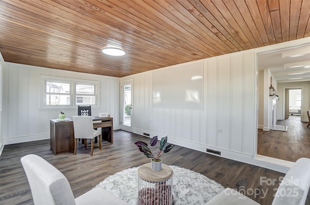 office space featuring wood ceiling and dark wood-type flooring