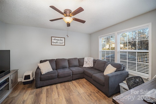 living room featuring ceiling fan, wood-type flooring, and a textured ceiling