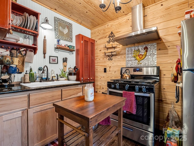 kitchen with island range hood, wooden ceiling, wood walls, and appliances with stainless steel finishes