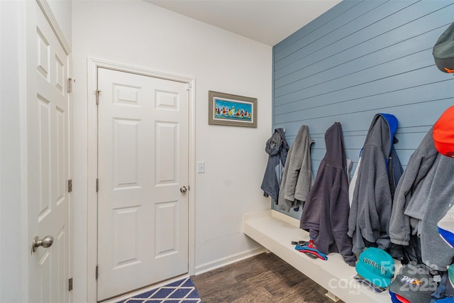 mudroom with wood walls and dark wood-type flooring