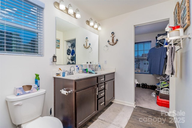 bathroom with vanity, wood-type flooring, and toilet