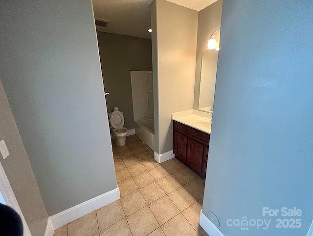 full bathroom with shower / washtub combination, tile patterned flooring, vanity, and toilet