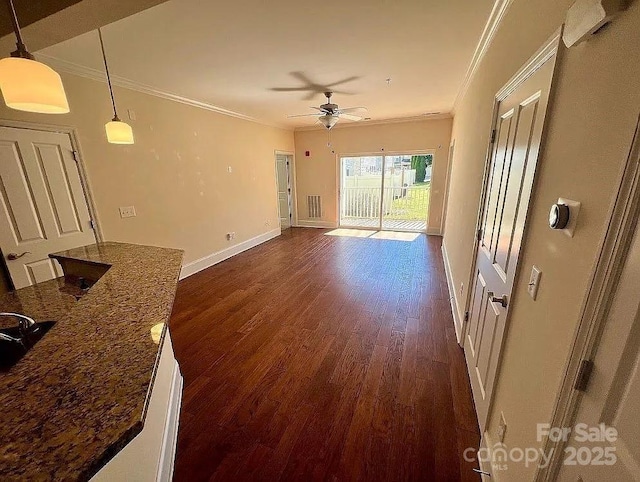 living room featuring crown molding, ceiling fan, and dark hardwood / wood-style floors