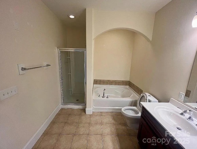 full bathroom featuring tile patterned flooring, vanity, toilet, and plus walk in shower