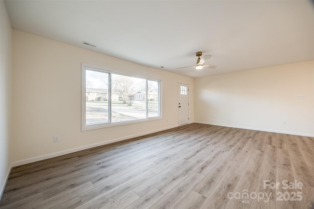 empty room featuring light wood-type flooring and ceiling fan