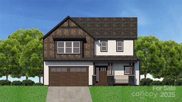 view of front facade featuring a garage, a front yard, and a porch