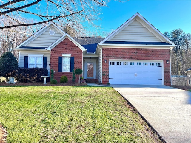 single story home with a front yard and a garage