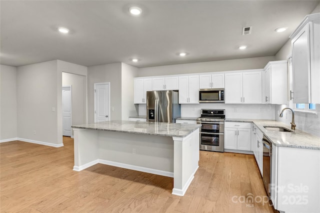 kitchen featuring white cabinetry, sink, decorative backsplash, a kitchen island, and appliances with stainless steel finishes