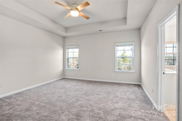 carpeted spare room with a tray ceiling, plenty of natural light, and ceiling fan