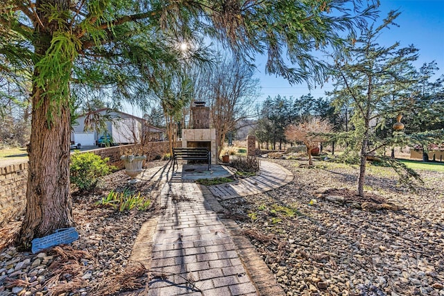 view of yard with an outdoor stone fireplace