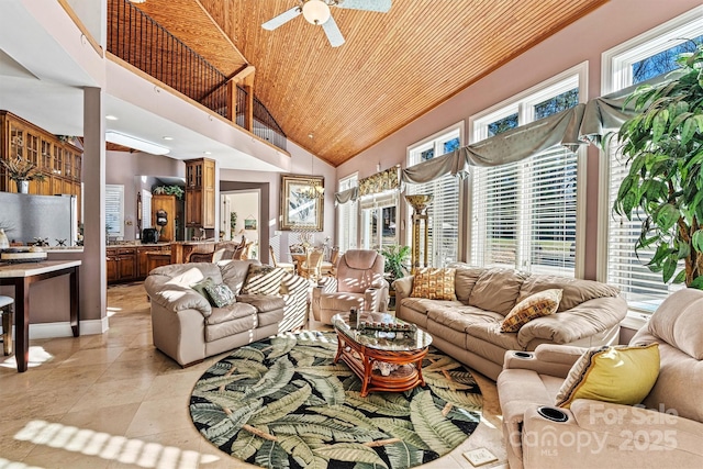 living room with ceiling fan, wood ceiling, and high vaulted ceiling