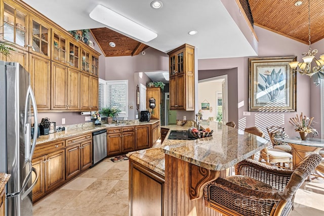 kitchen featuring kitchen peninsula, wood ceiling, stainless steel appliances, vaulted ceiling, and hanging light fixtures