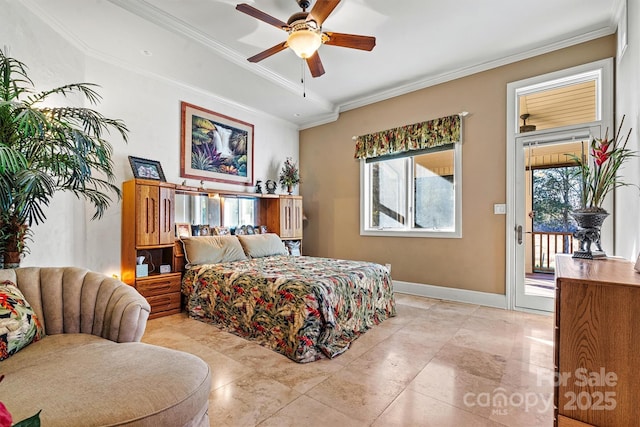 bedroom featuring access to exterior, light tile patterned floors, ceiling fan, and ornamental molding