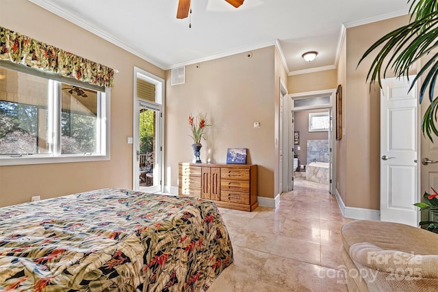 bedroom with ceiling fan, crown molding, access to outside, and multiple windows