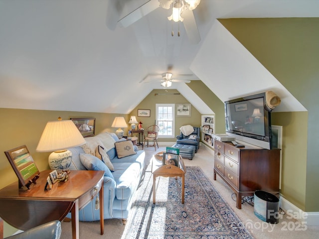 carpeted living room featuring ceiling fan and vaulted ceiling