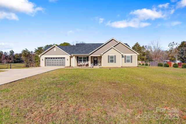 ranch-style home with a front yard, a porch, and a garage