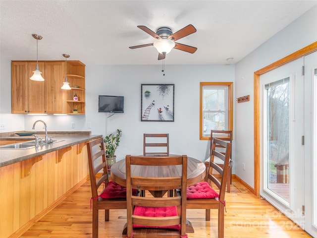 dining room featuring a textured ceiling, light hardwood / wood-style flooring, ceiling fan, and sink