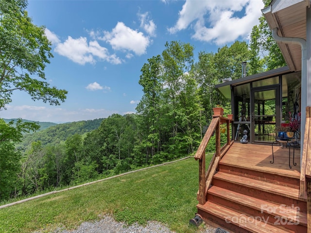 1185 Mule Stomp Rd, Clyde, NC 28721 - view of green lawn with a view of trees, a sunroom, and a wooden deck