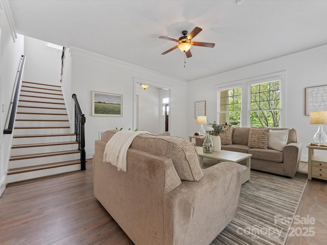 living room with ceiling fan, crown molding, and wood-type flooring