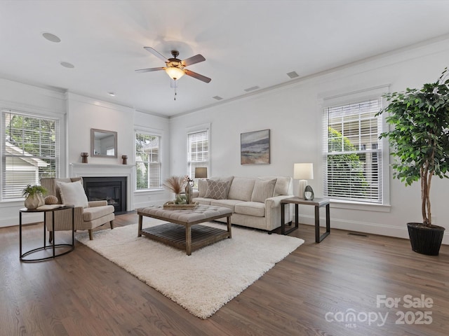 living room featuring plenty of natural light, ceiling fan, and dark wood-type flooring