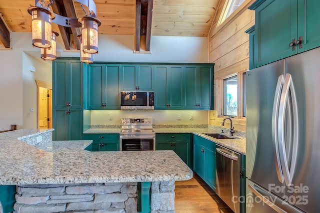 kitchen with wooden ceiling, stainless steel appliances, light stone countertops, pendant lighting, and sink