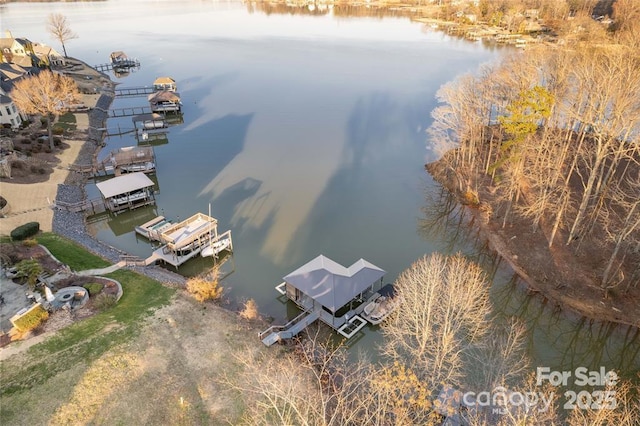 bird's eye view with a water view