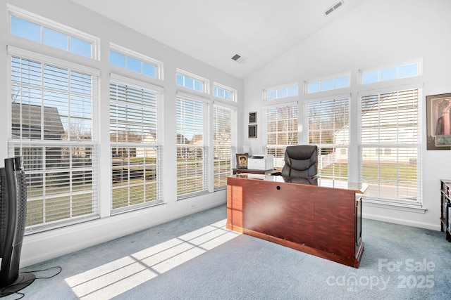 office with carpet and high vaulted ceiling