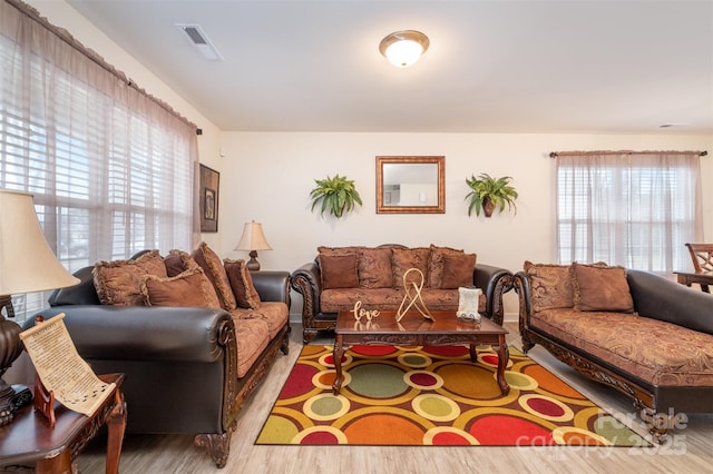 living room featuring a wealth of natural light and light hardwood / wood-style floors