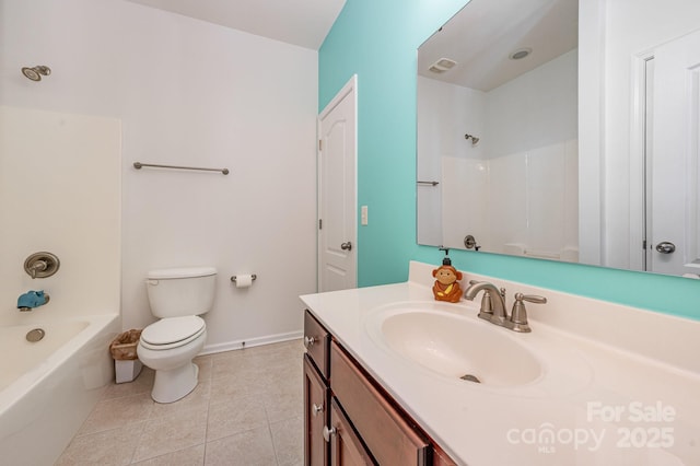 full bathroom featuring bathing tub / shower combination, tile patterned flooring, vanity, and toilet