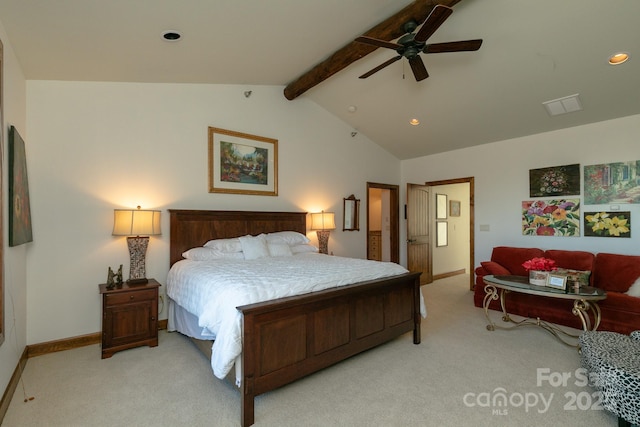 carpeted bedroom featuring ceiling fan and lofted ceiling with beams