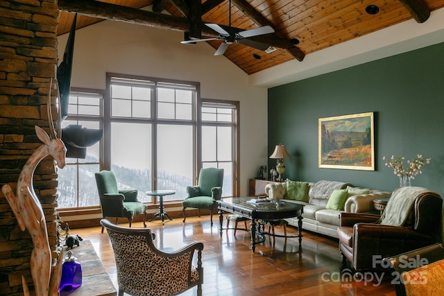 living room featuring high vaulted ceiling, hardwood / wood-style flooring, wooden ceiling, beamed ceiling, and ceiling fan