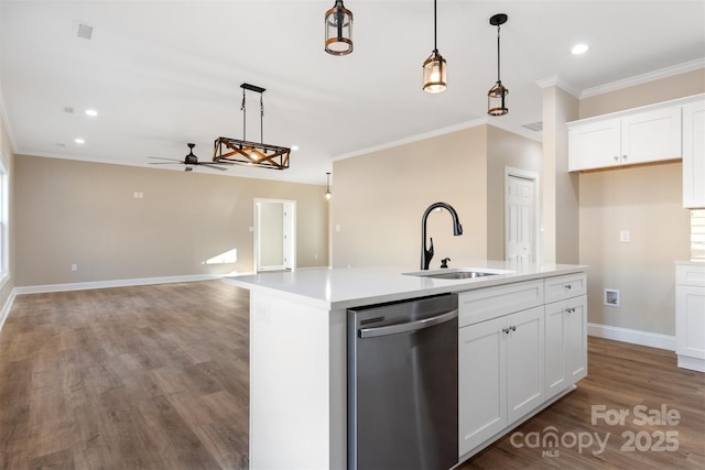 kitchen featuring a kitchen island with sink, dishwasher, white cabinets, and sink