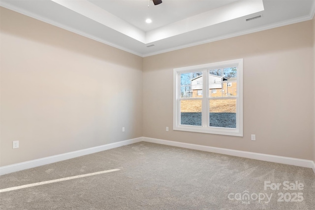 empty room featuring a raised ceiling, crown molding, carpet flooring, and ceiling fan