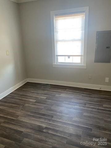 empty room with electric panel, a wealth of natural light, dark hardwood / wood-style flooring, and ornamental molding