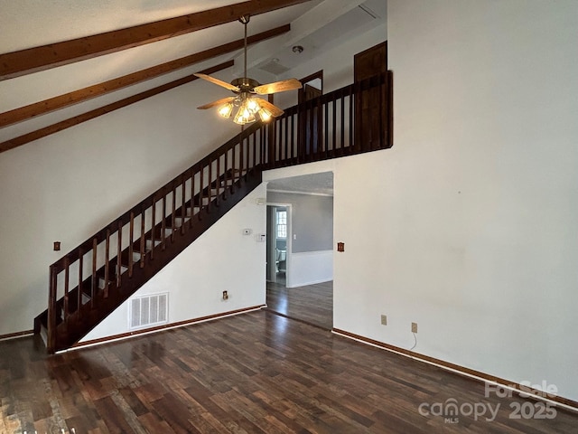 unfurnished living room featuring beamed ceiling, high vaulted ceiling, ceiling fan, and dark wood-type flooring