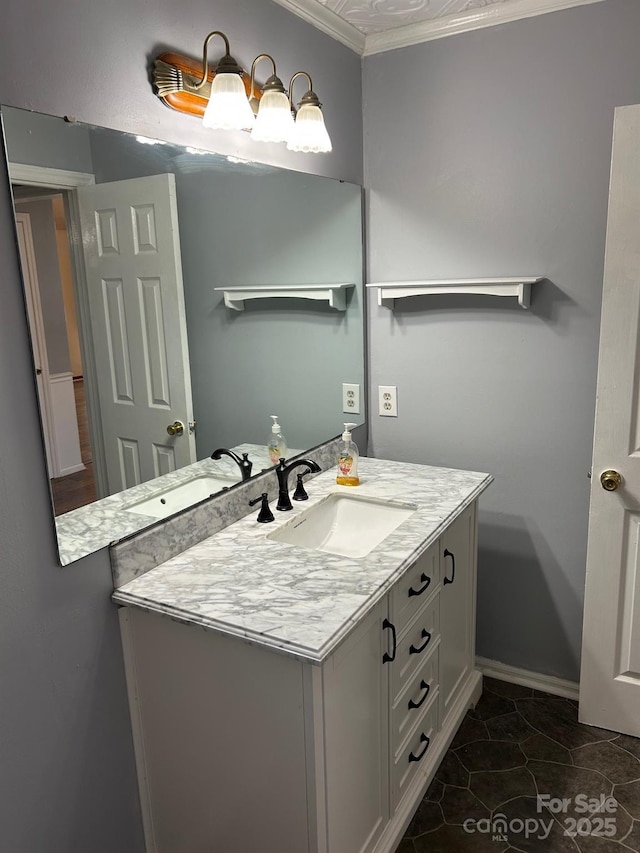 bathroom with tile patterned flooring, vanity, and ornamental molding