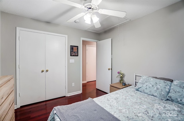 bedroom with ceiling fan, dark hardwood / wood-style flooring, and a closet