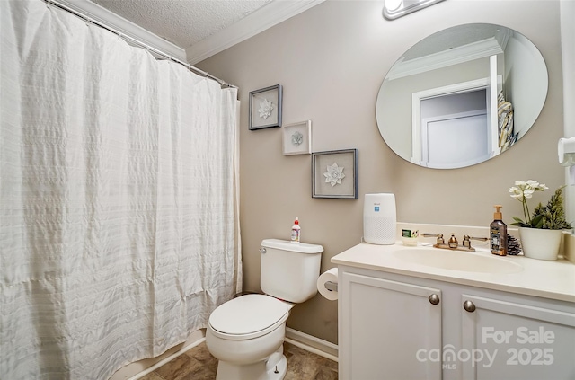 bathroom featuring a shower with shower curtain, ornamental molding, vanity, a textured ceiling, and toilet