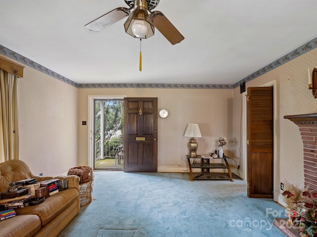 living room with carpet flooring and ceiling fan