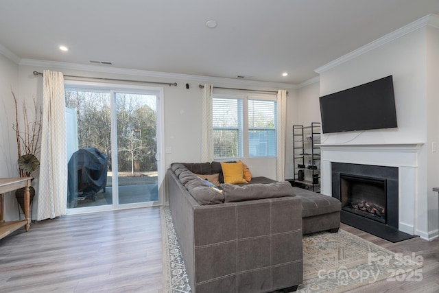 living room featuring hardwood / wood-style flooring and ornamental molding