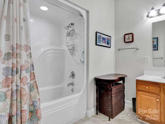 bathroom featuring shower / tub combo, vanity, and tile patterned floors