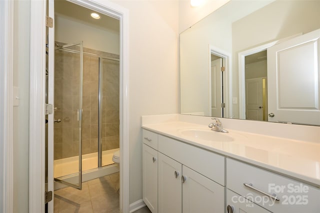 full bath with vanity, tile patterned flooring, a shower stall, and toilet