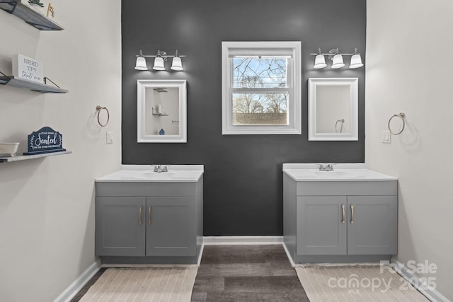 bathroom with hardwood / wood-style floors and vanity