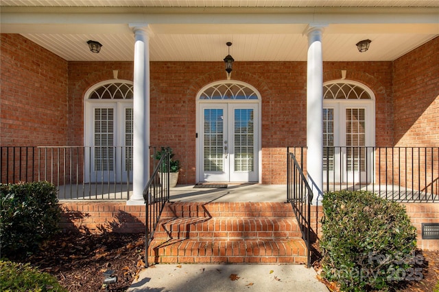 property entrance with french doors and a porch