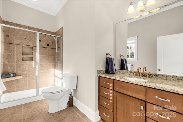 bathroom featuring walk in shower, tile patterned floors, crown molding, toilet, and vanity