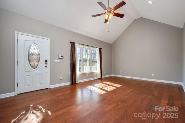 entrance foyer featuring ceiling fan, lofted ceiling, and hardwood / wood-style flooring