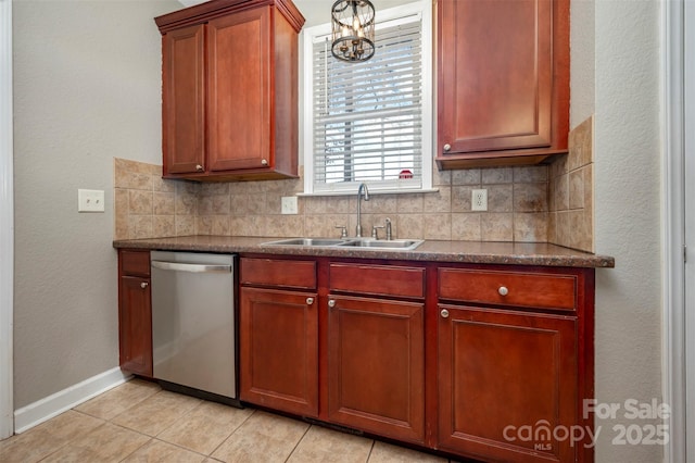 kitchen featuring backsplash, dishwasher, light tile patterned flooring, and sink